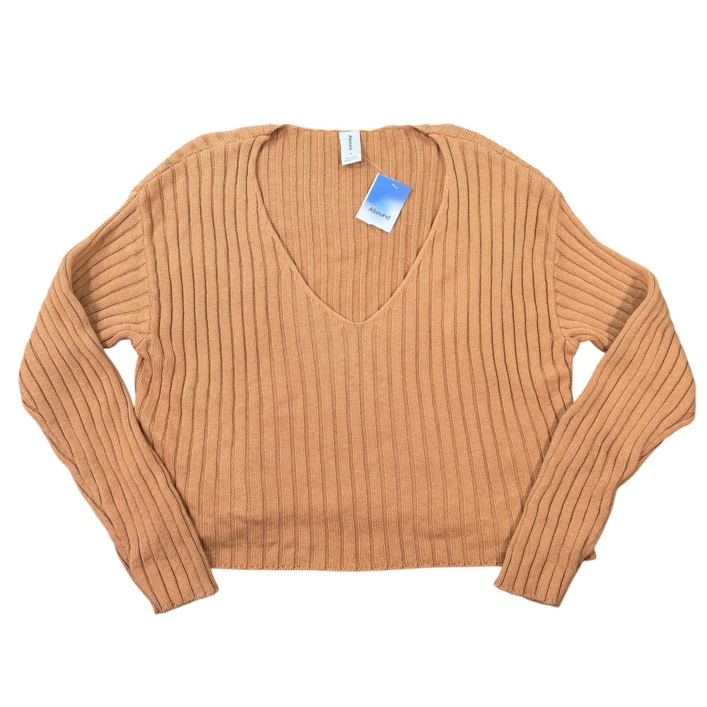 Abound Women V-Neck Ribbed Tan Dale Long Sleeve Sweater Size M